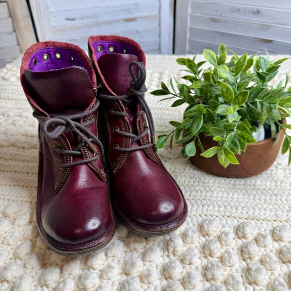 BIONICA Boots Women's 8.5 Flannel Leather Lace Up Oxblood Funky Unique - Picture 2 of 15